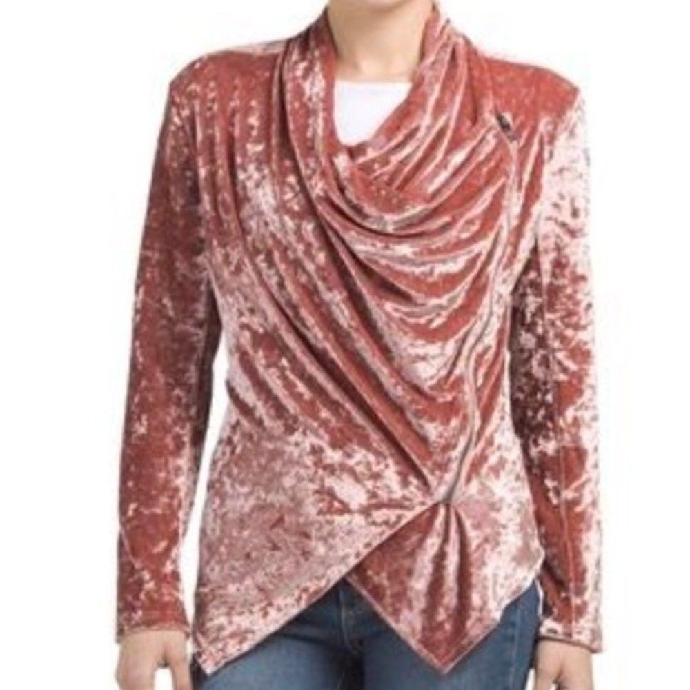 BLANKNYC Pink Crushed Velvet Moto Jacket Size‎ Small Drape Waterfall Barbiecore